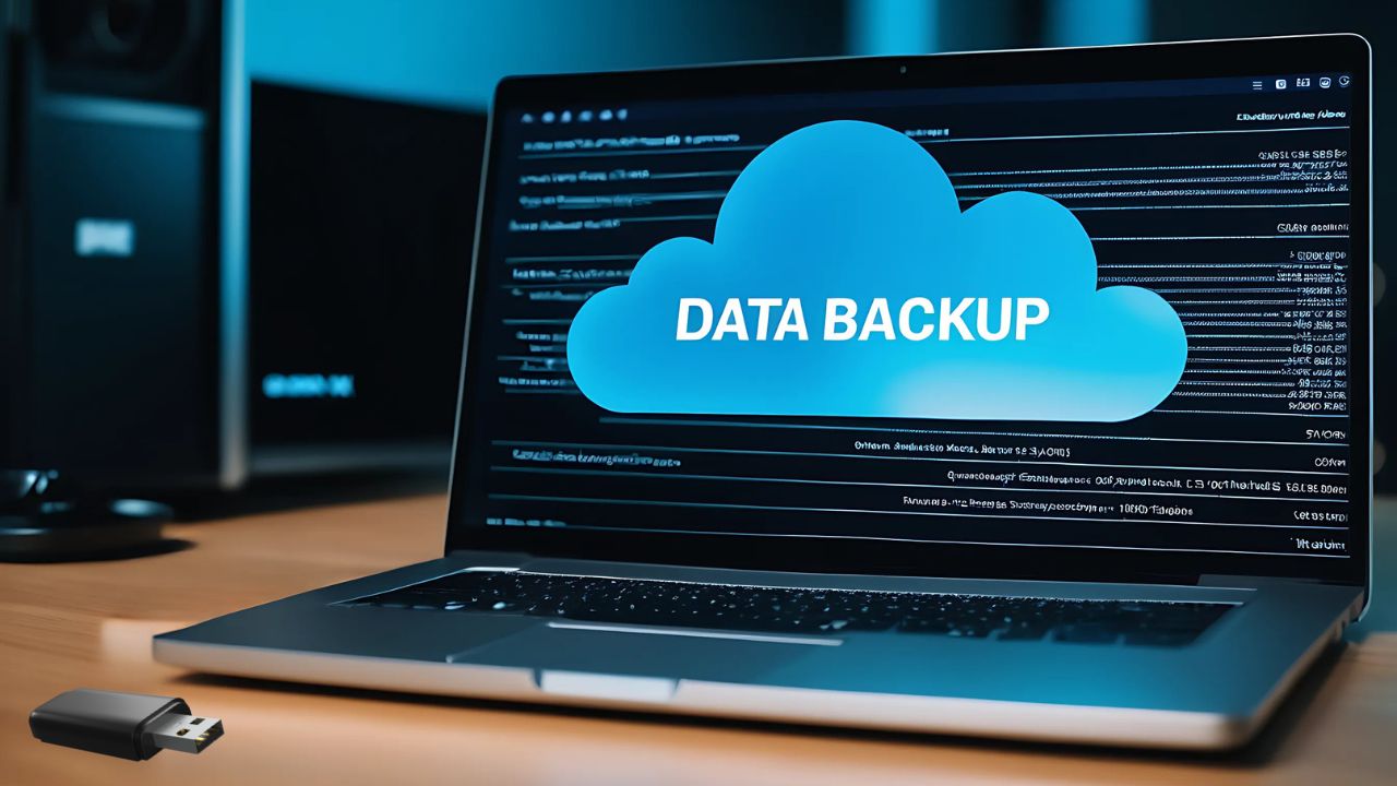 Laptop with a blue Backup sign. How to do the best data backup.