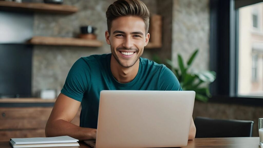 A man using his laptop. Save a Webpage as a PDF document.