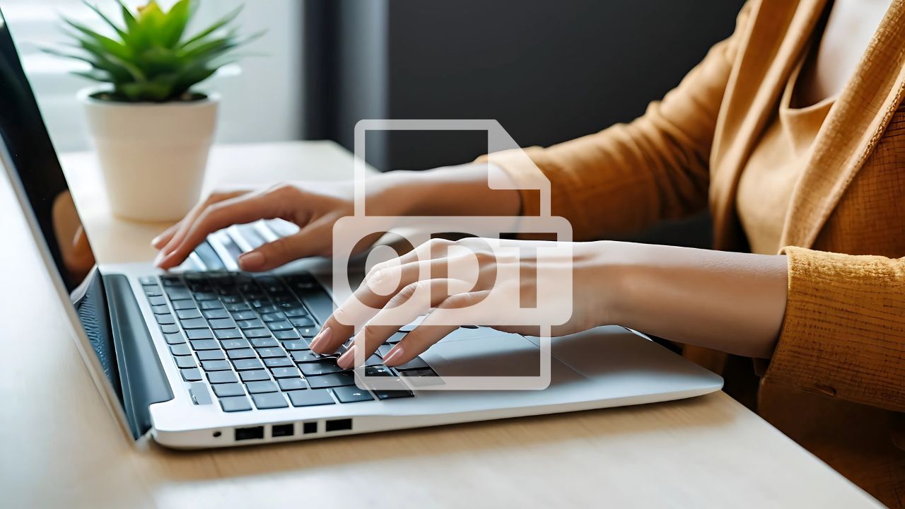 A woman on laptop creating an ODT – an OpenDocument Text Document file