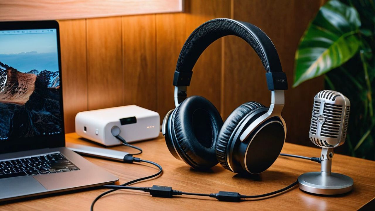 Optimize your audio file size. Laptop, headphones and a microphone on the desk.