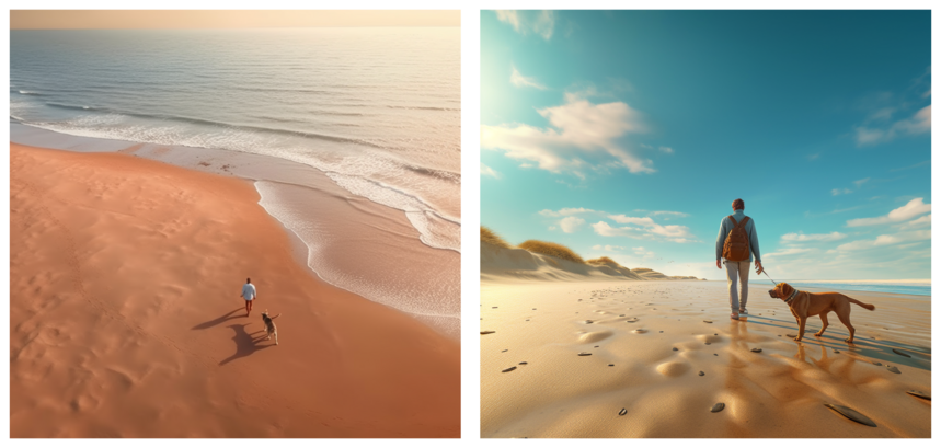 A man walking on a windy beach, Midjourney image "aerial view" and "worm's eye view".
