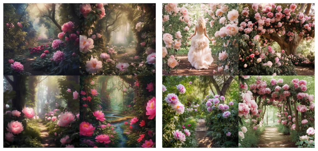 A magical grove filled with lush pink peonies generated with Midjourney ai.