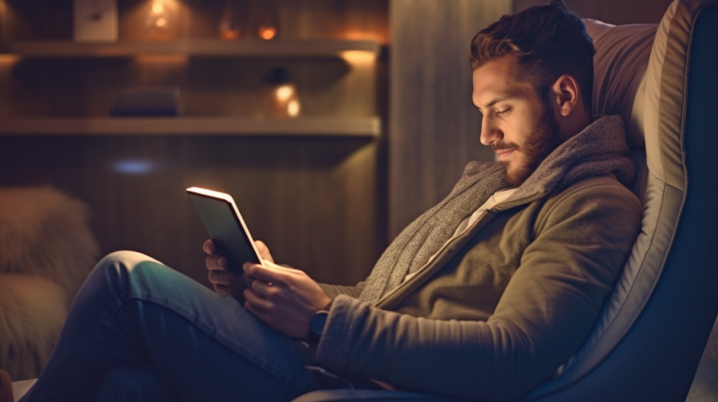 A man sitting in an armchair and  reading PDF on Kindle device.