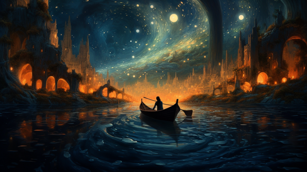 Midjourney AI image of a girl in the boat under the surreal starry night.