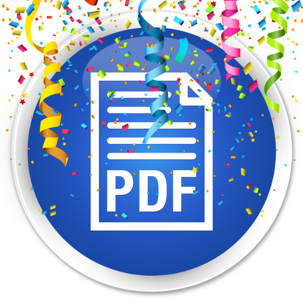 Celebratory PDF logo with confetti.