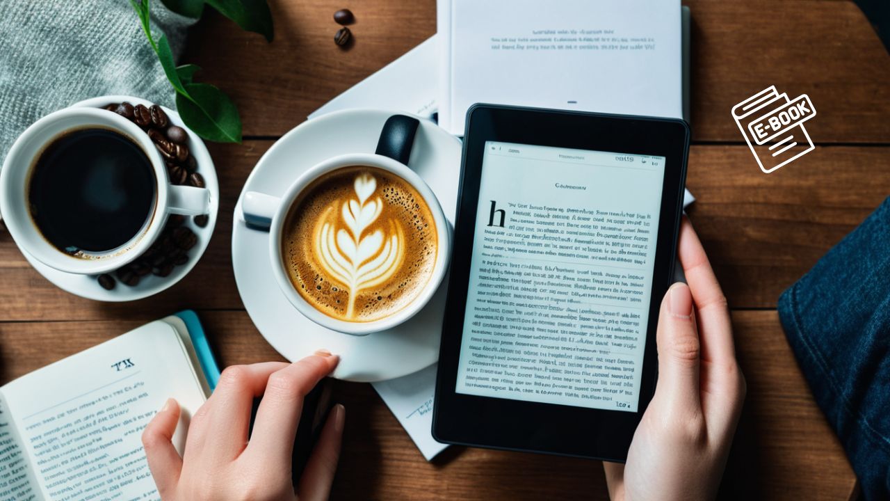 A person reading and drinking coffee. Learning how to use Kindle device.