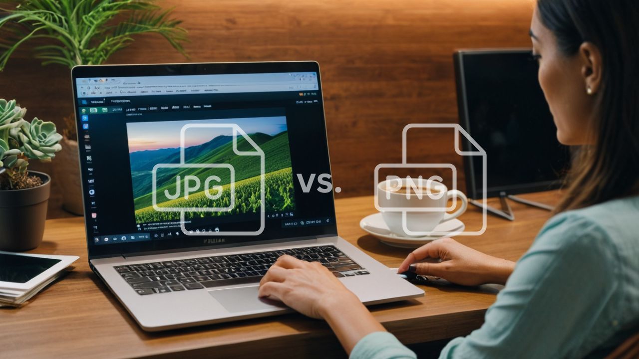 JPEG vs PNG, a woman converting images on her laptop.