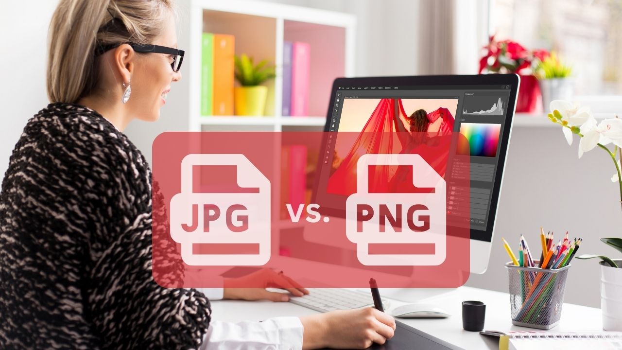 JPEG vs PNG. A woman working with image files on her PC.
