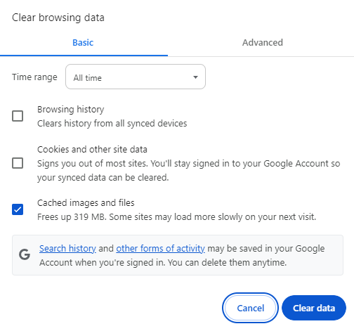 Clear browsing data in Crome