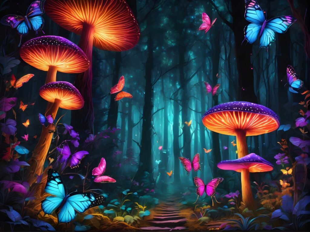 A mystical forest with neon butterflies and mushrooms illuminating the night.