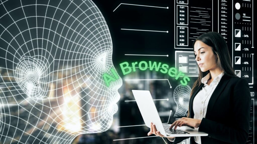 Top 5 AI Browsers. A woman using AI browser on a laptop.