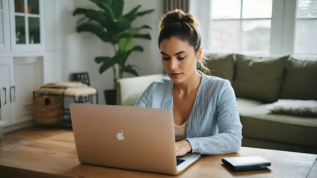 A woman on her MacBook trying out new Mac Features.