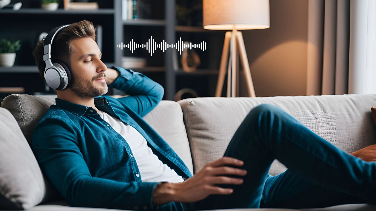 Exploring Lossy vs. Lossless Audio: a man on a sofa with headphones, listening to music