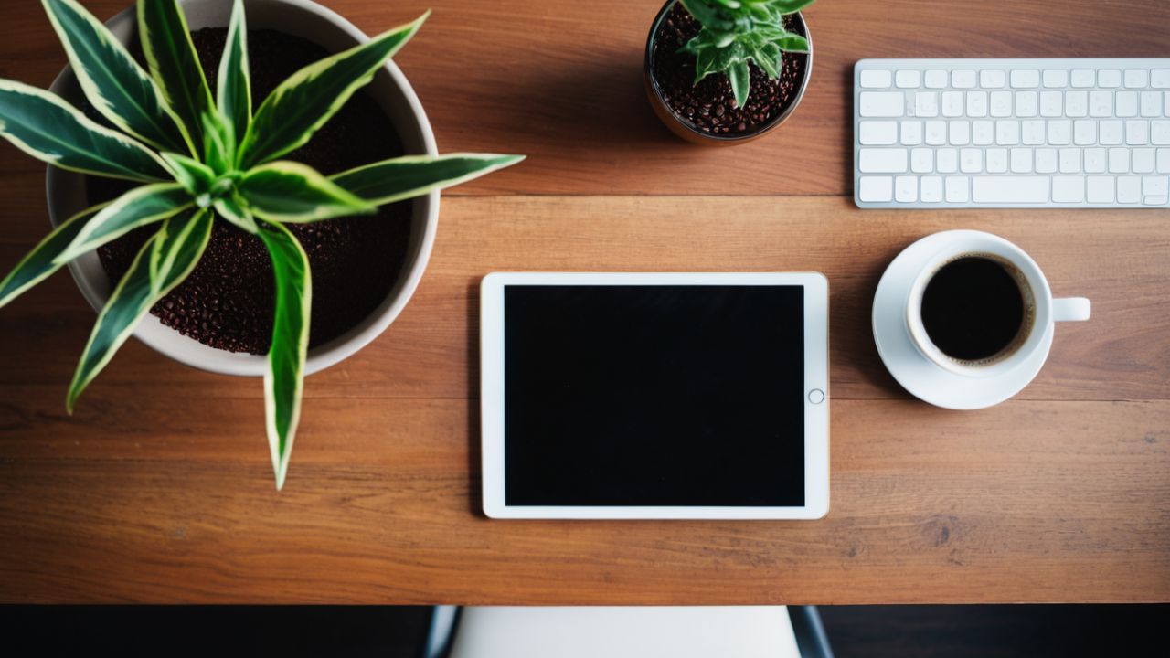 iPad Tips: an iPad on a working desk next to a plant and a coffee mug