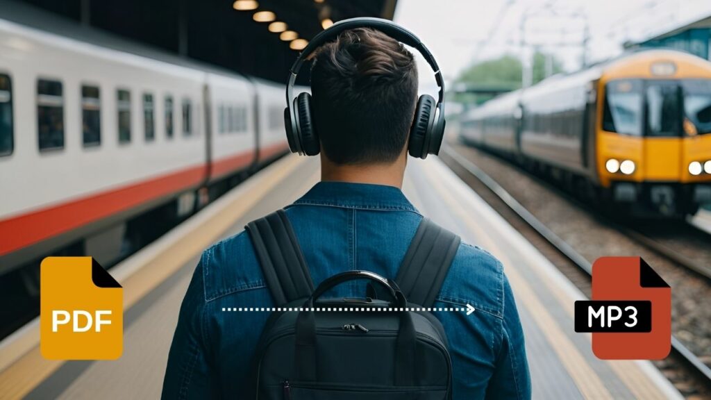 A man on train station wearing headphones; Convert PDF to MP3