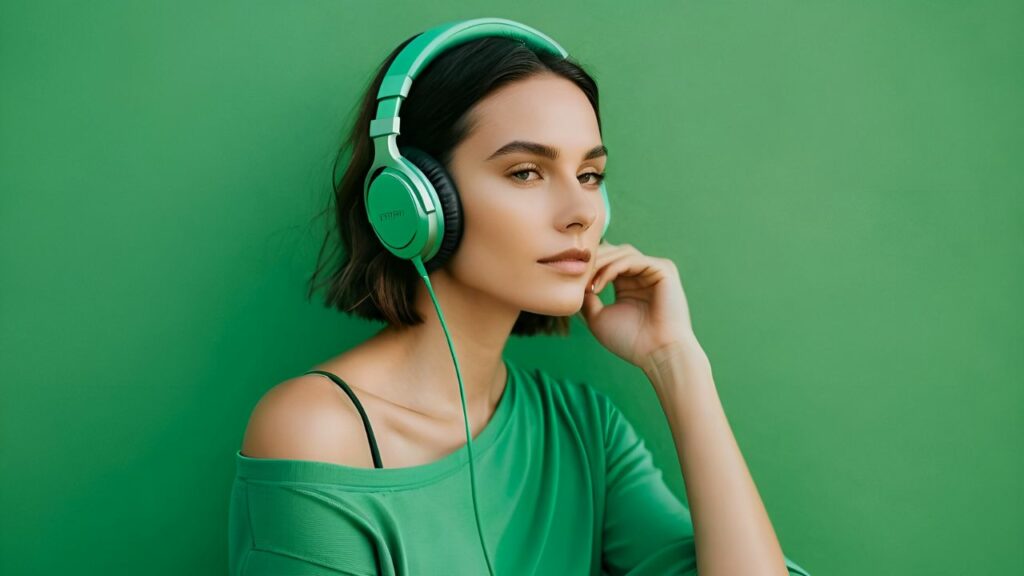 High-Res Audio, a woman with green headphones,