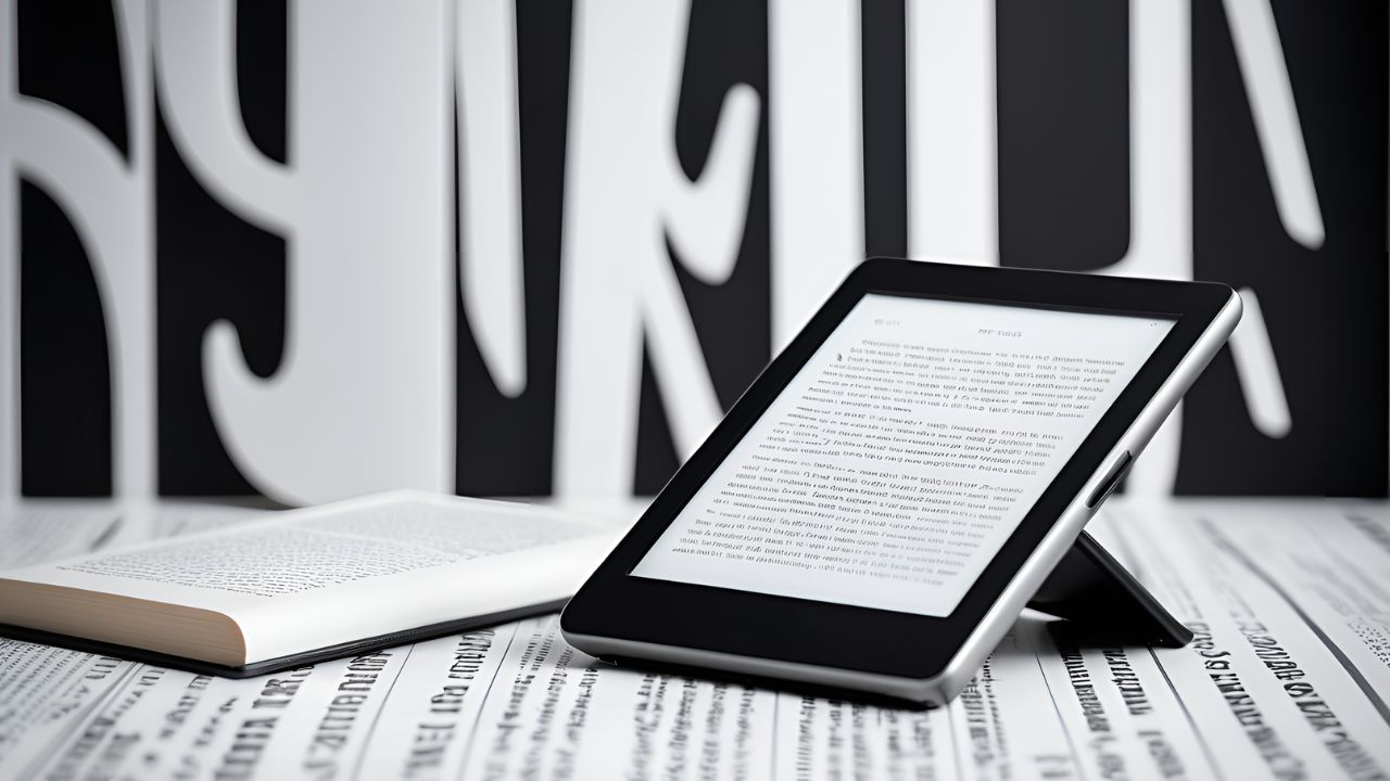 Modern eBook reader on abstract font background; Best Places to Publish eBooks