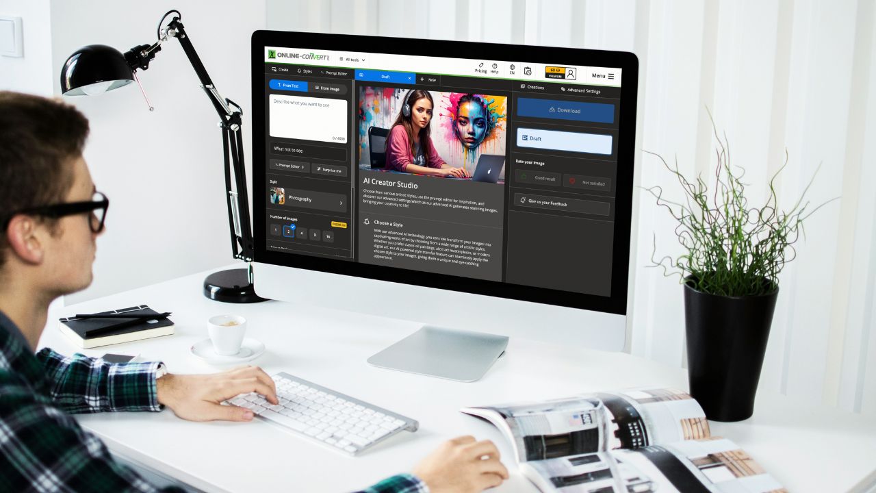 A man generating images with many premium art styles with AI Creator Studio from Online Convert