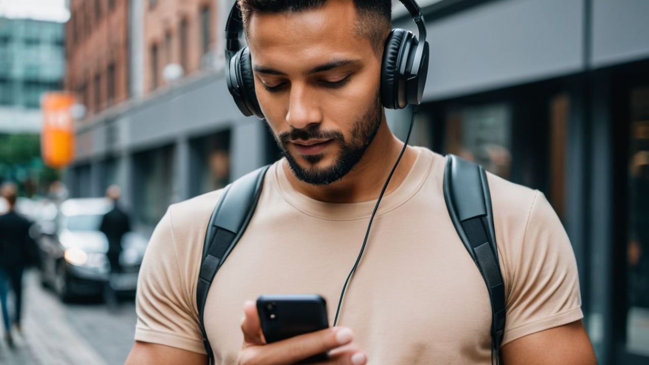 Audio Formats: a man with headphones on his mobile phone