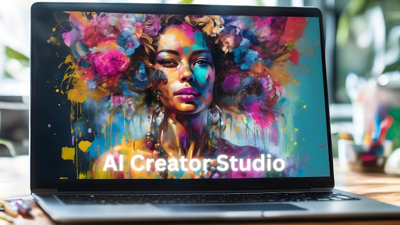 A laptop with stunning AI generated image on the screen; Perfect AI Art Prompts; AI Creator Studio