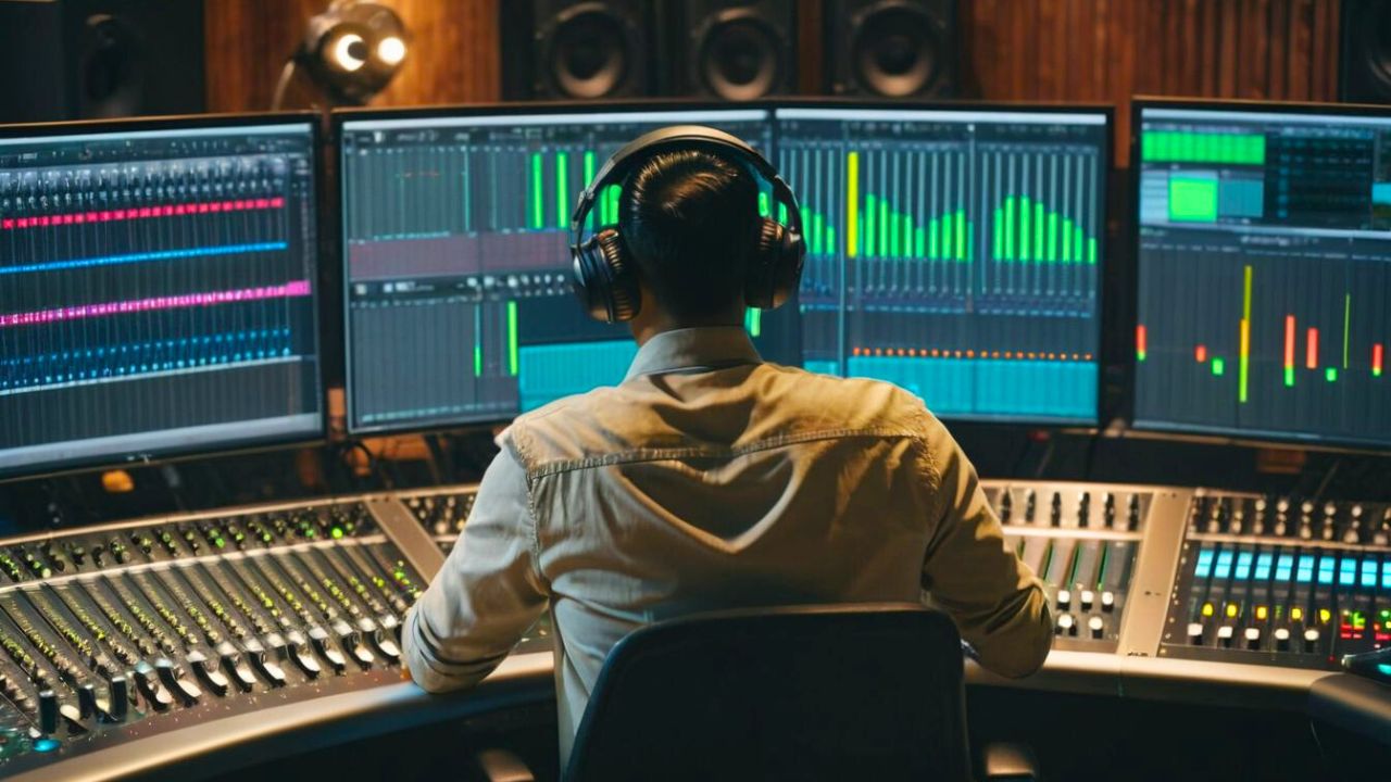 Audio Normalization: a man working on his audio files in a studio