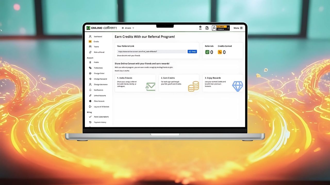 Referral Program on online-convert.com; an open laptop showing Dashboard on Online Convert page.