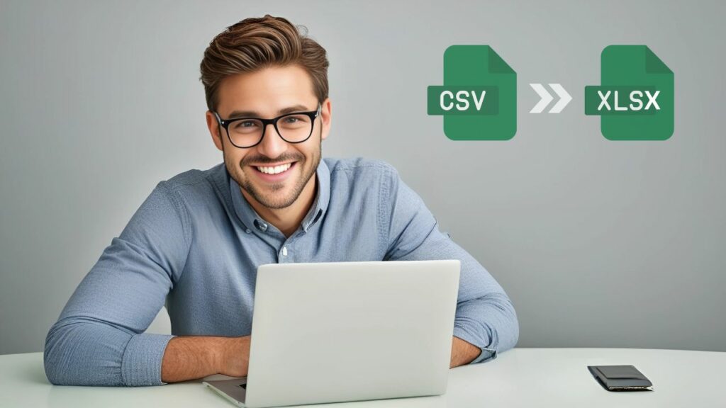 A man working on his laptop, converting CSV to XLSX with Online Convert