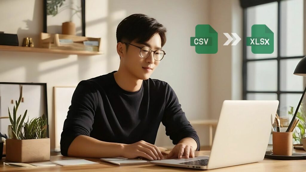 A man on laptop; converting CSV to XLSX with Online Convert