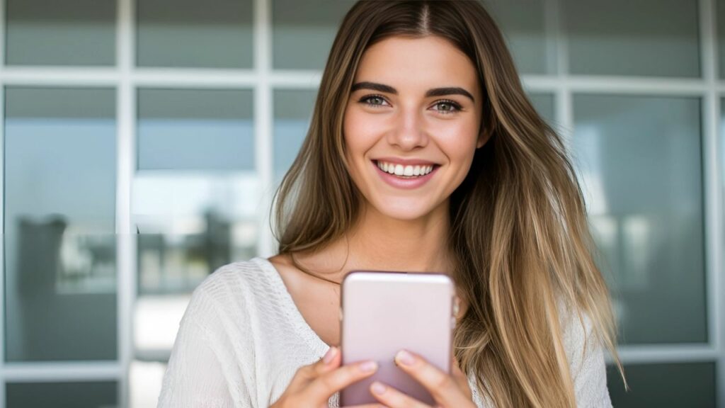 A happy woman holding a mobile phone; post video on X