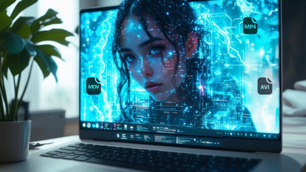 Convert Video Files On a Mac; Futuristic girl picking out from the screen of the Mac.