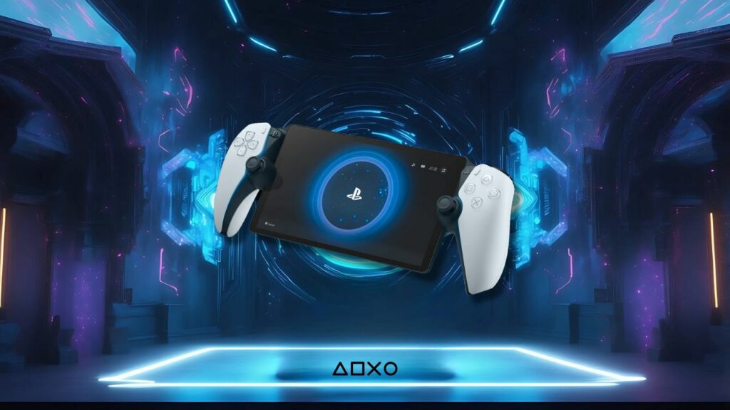 PlayStation Portal levitating in a neon-lit, futuristic setting with glowing blue and purple hues. The text "Δ□XO" glows at the bottom.
