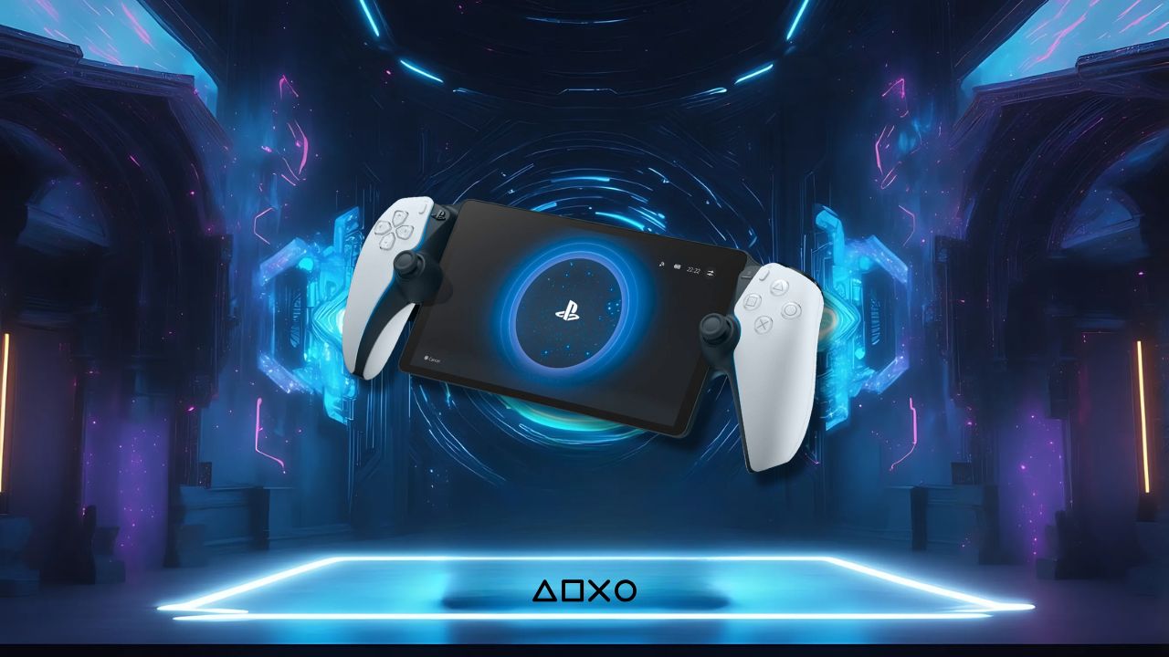PlayStation Portal levitating in a neon-lit, futuristic setting with glowing blue and purple hues. The text "Δ□XO" glows at the bottom.