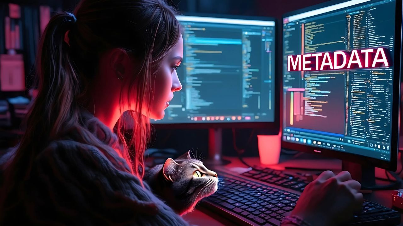 What is metadata; a girl looking at a screen with metadata title