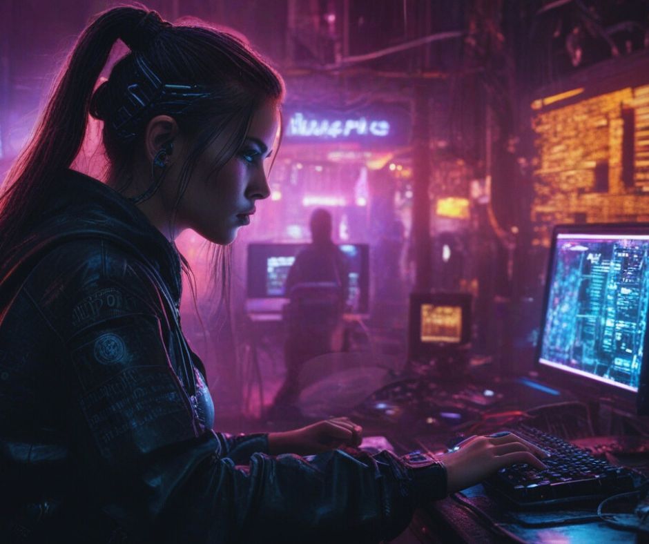 What is metadata; a cyberpunk girl working with metadata on her PC.