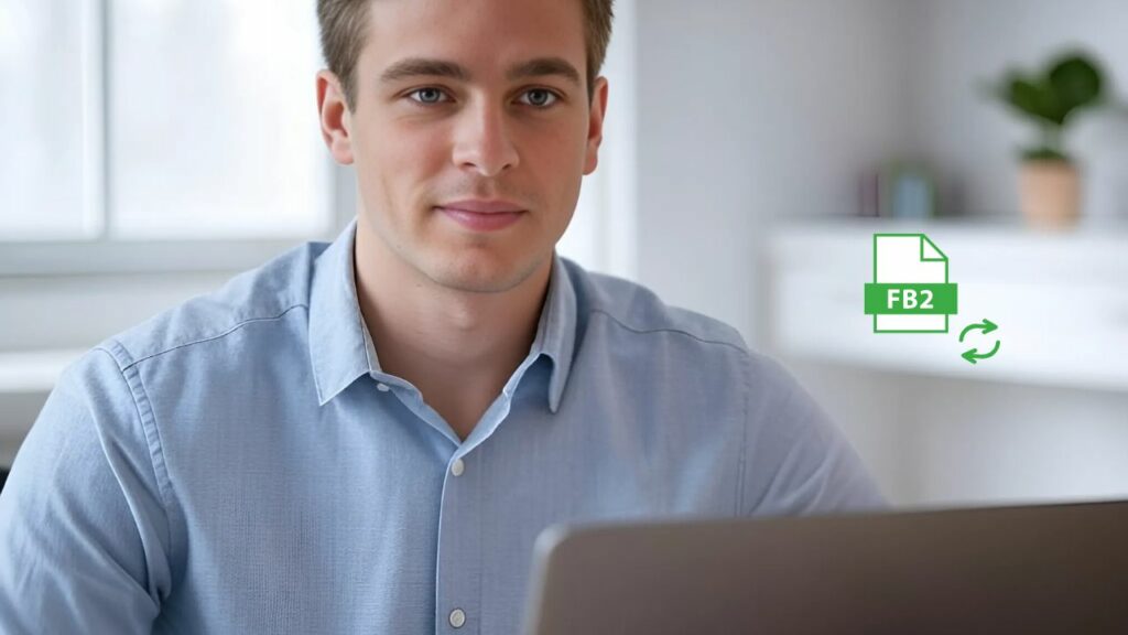 A man in blue shirt using the fb2 to pdf converter.