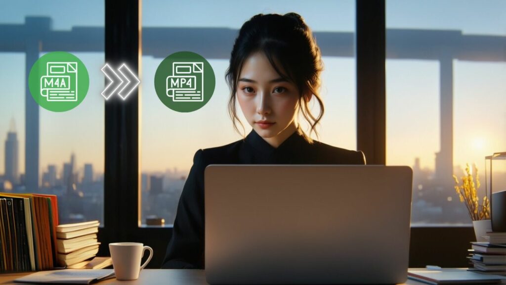 A woman in her office; how to convert M4A to MP4