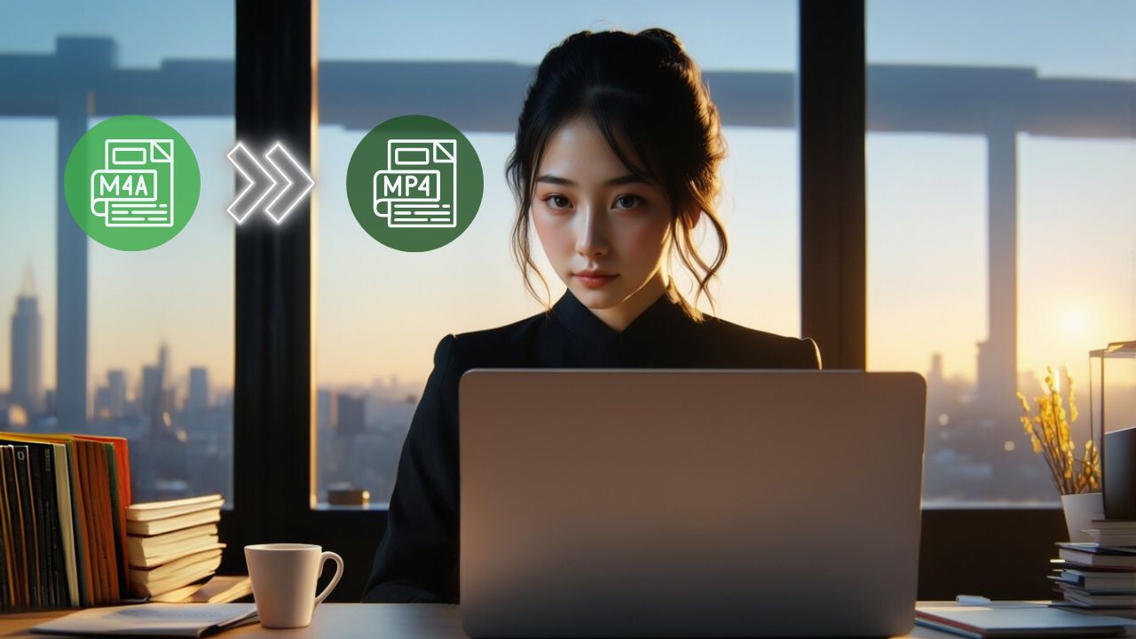 A woman in her office; how to convert M4A to MP4