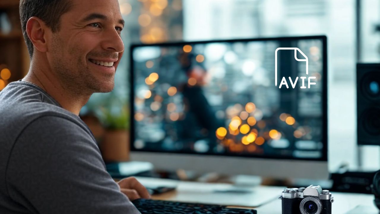 A man working with AVIF file format on his PC.
