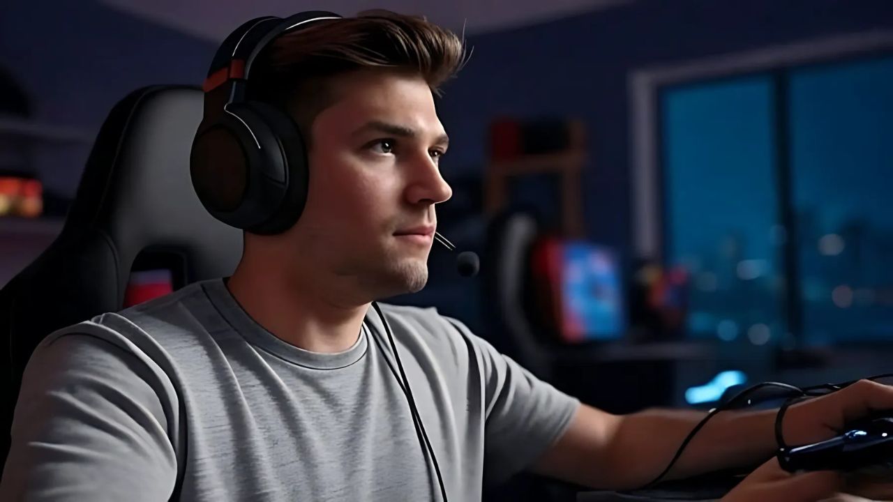 Gamer faces a screen in a gaming room. Reduce Latency for Gaming
