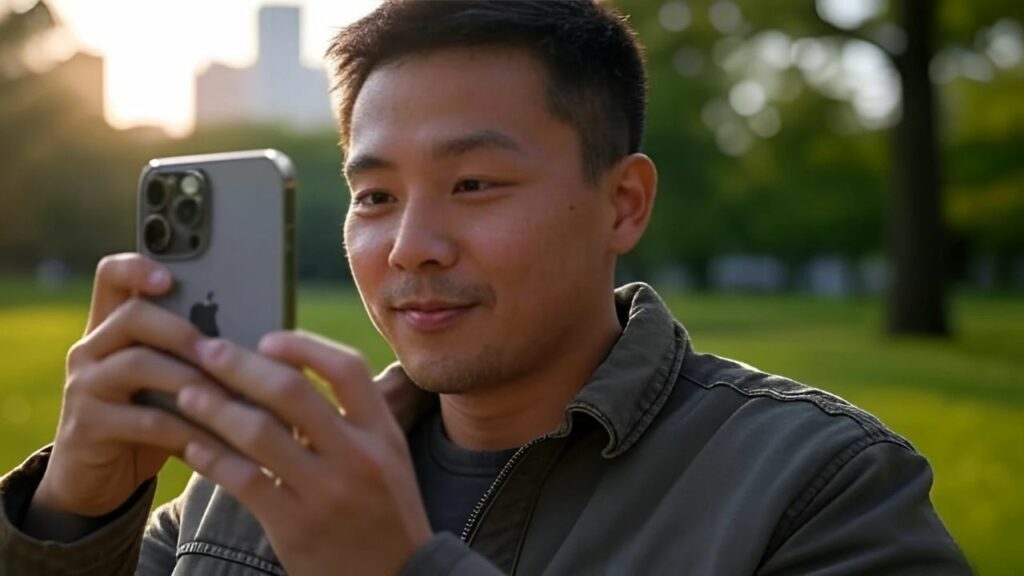 iPhone RAW vs ProRAW vs HEIF; a man taking photos with iPhone 16 pro